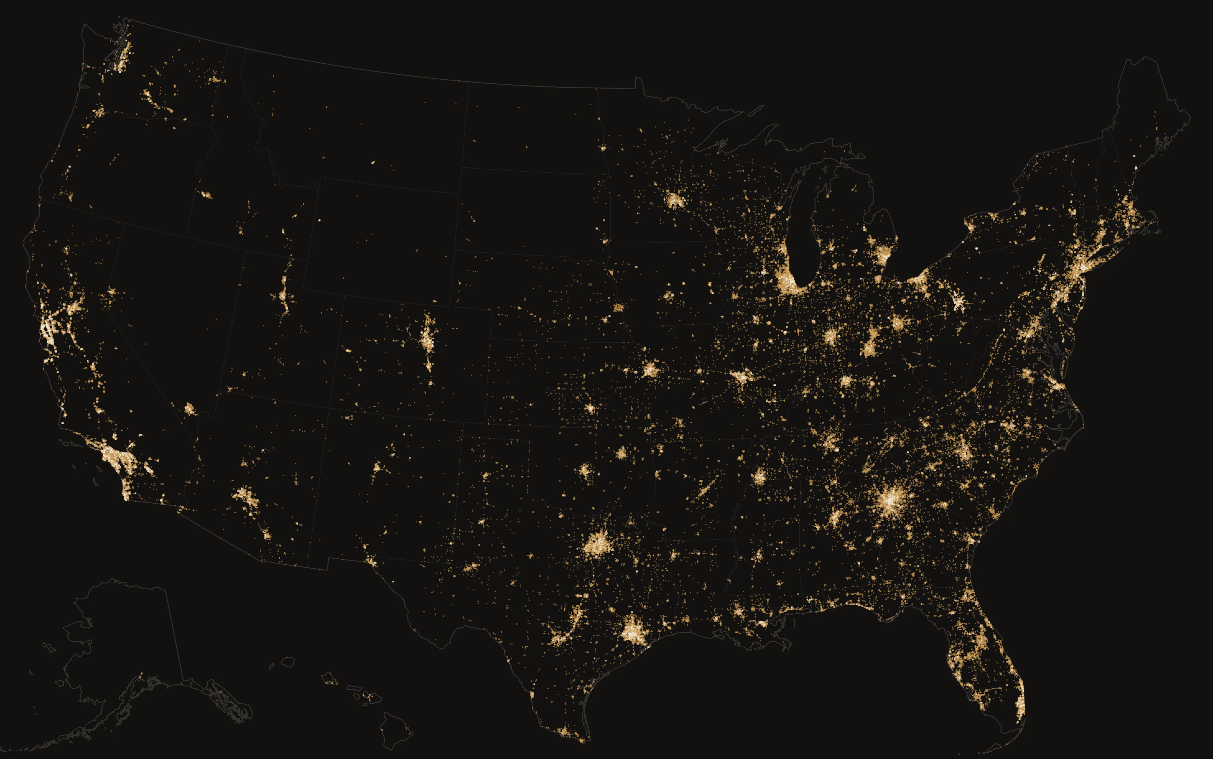 A map of the United States drawn entirely in points of light: each point is a license-plate reader. The cities blaze; whole states are traced by them.